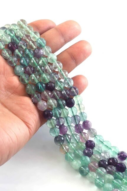 8mm Faceted Multi Fluorite Beads String – Natural Green Purple Fluorite Round Beads for Jewellery Making (Wholesale)