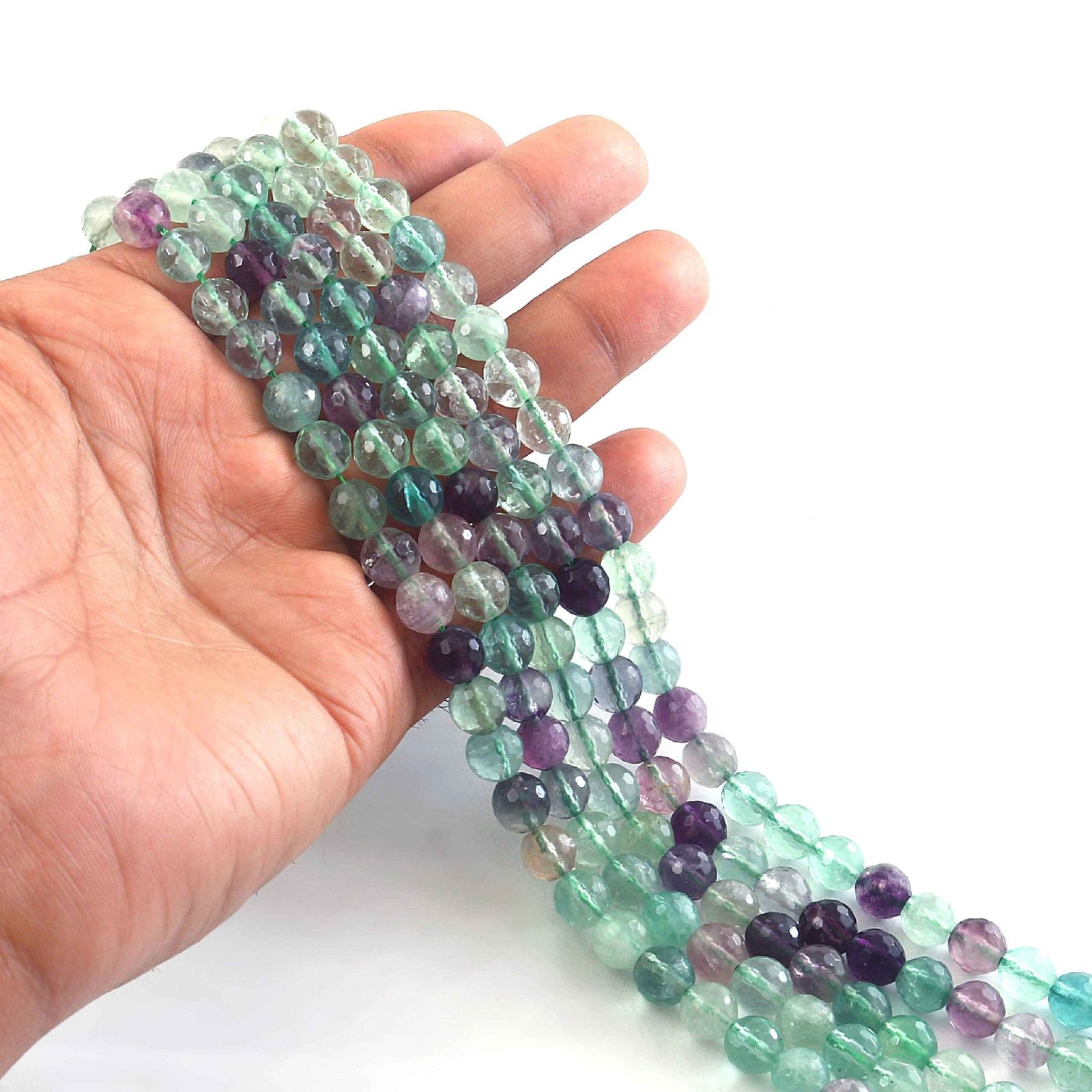 IMG_5350-1.jpg 8mm Faceted Multi Fluorite Beads String – Natural Green Purple Fluorite Round Beads for Jewellery Making (Wholesale) - Image 1