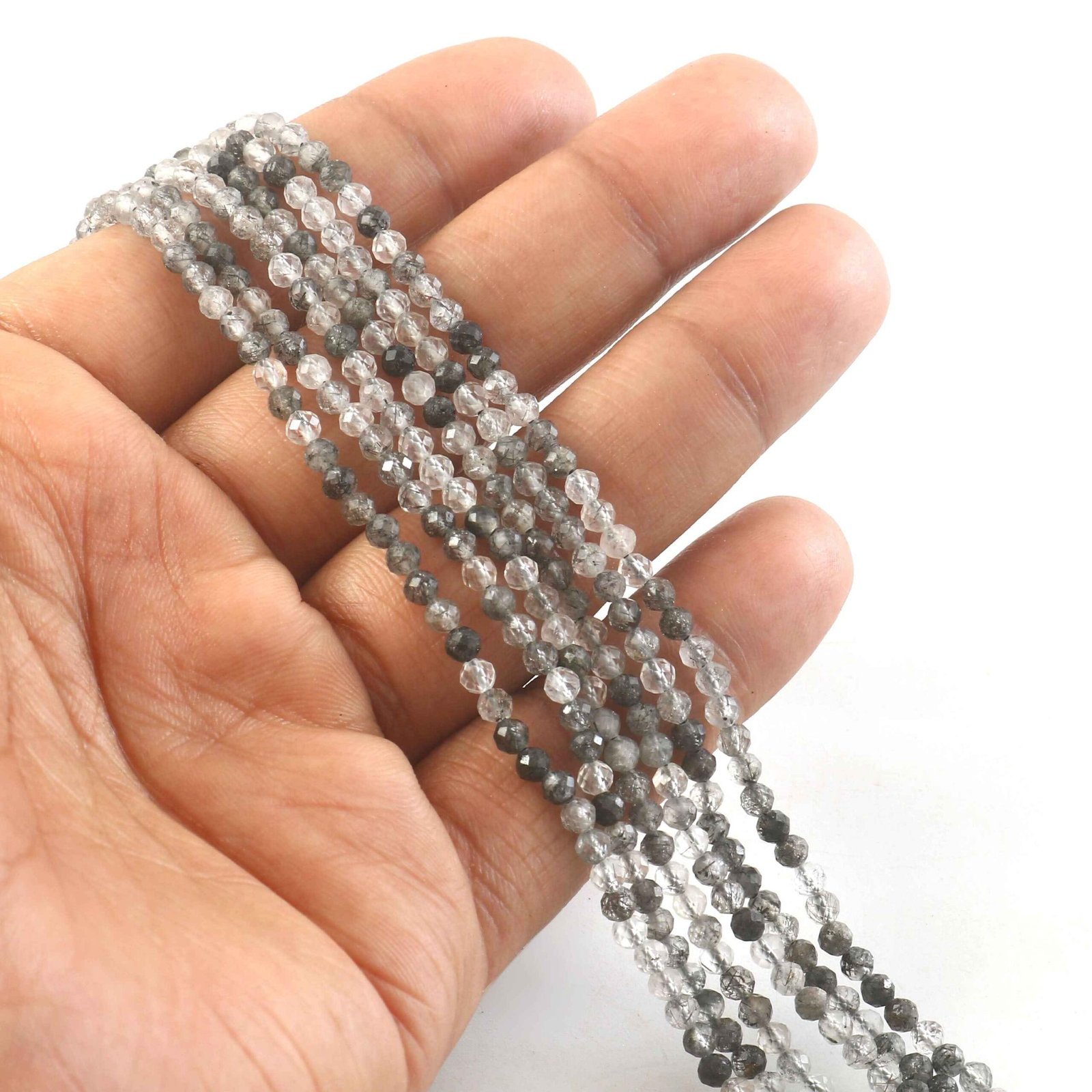 IMG_5428-1.jpg 3mm Natural Black Rutile Quartz Faceted Beads String – Grey Clear Round Gemstone Loose Beads for Jewellery Making (Wholesale) - Image 1